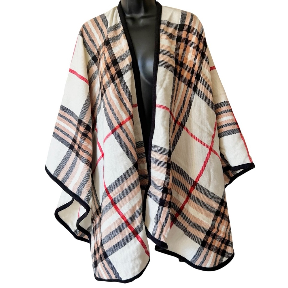 V.FRAAS Ivory/Black/Tan/Red Plaid Flannel Poncho Wrap